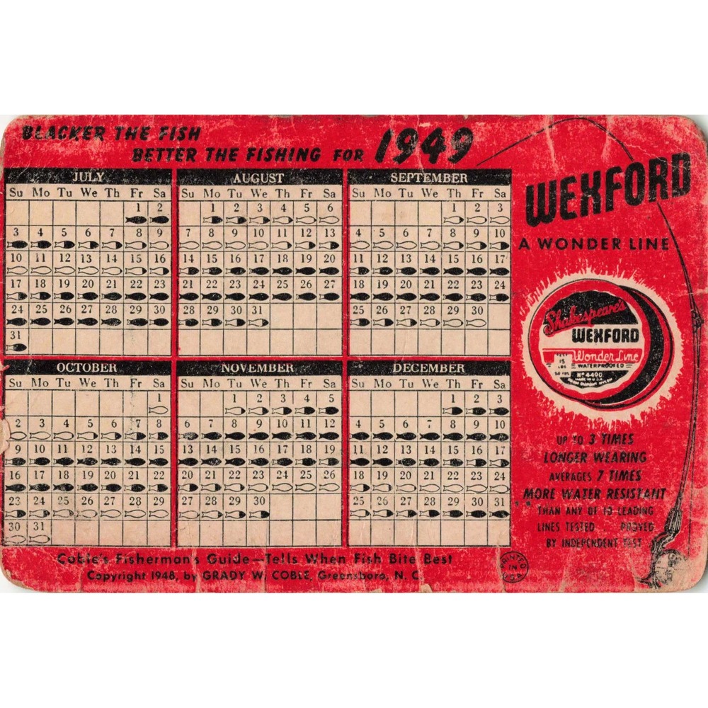 Vintage 1949 Shakespeare Wexford Wonder Line Fishing Calendar Card VG - Picture 1 of 2